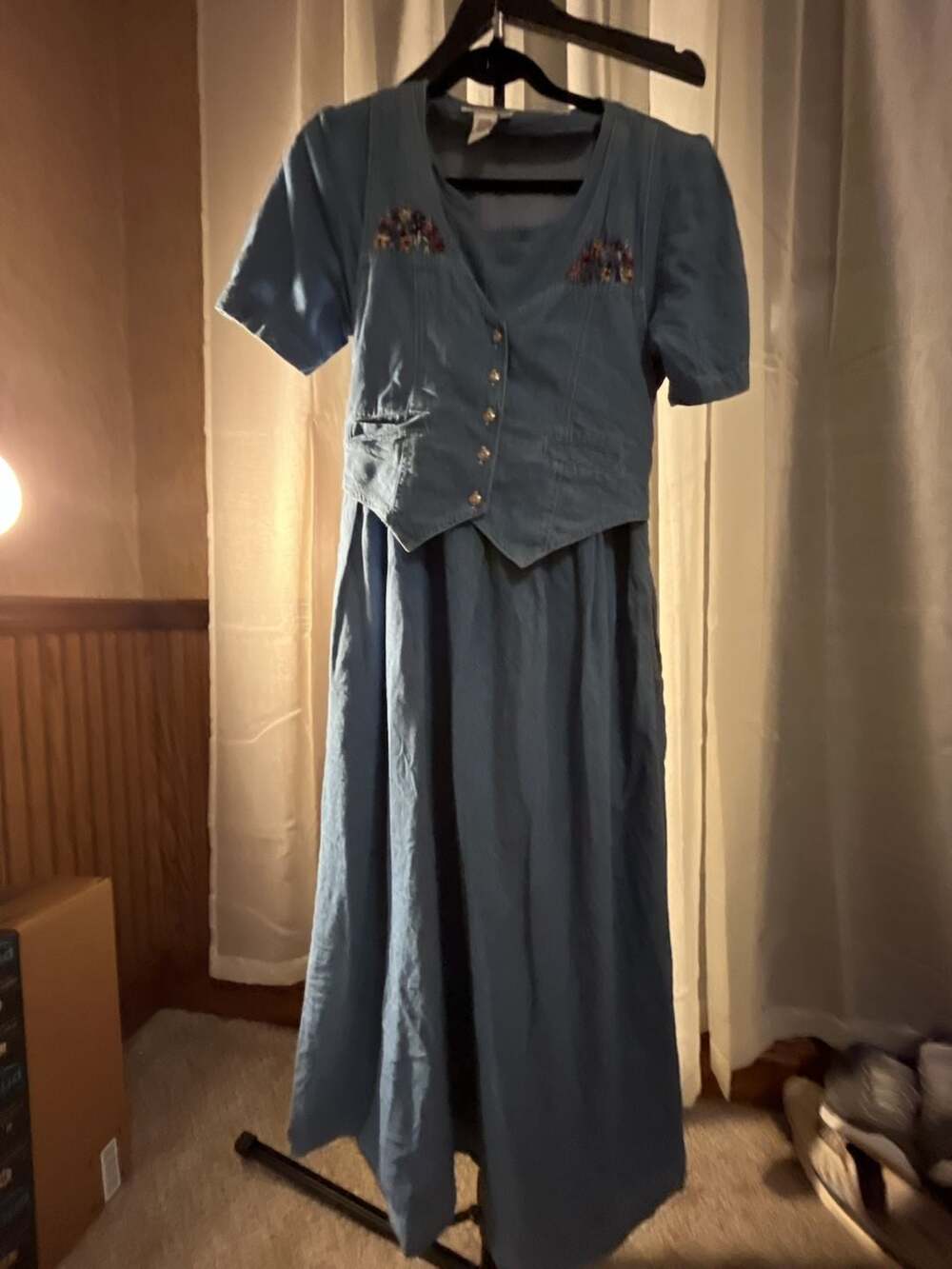 Vintage 90s Karin Stevens Denim Maxi Dress with Vest. 100 percent cotton